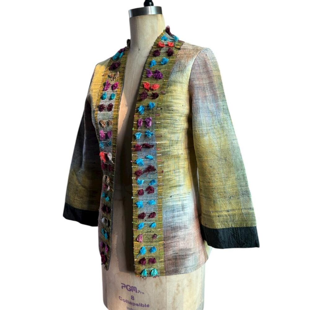 Vintage Hand-loomed silk jacket with multicolor tufted trim detailing XS - Picture 3 of 5